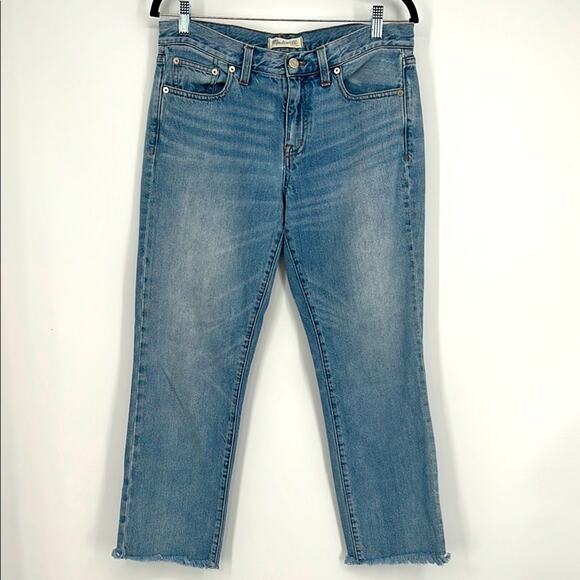 Madewell Boyjean Denim Jeans 27 Ankle Straight Leg Mid Rise Raw Hem Medium Wash - Picture 2 of 11